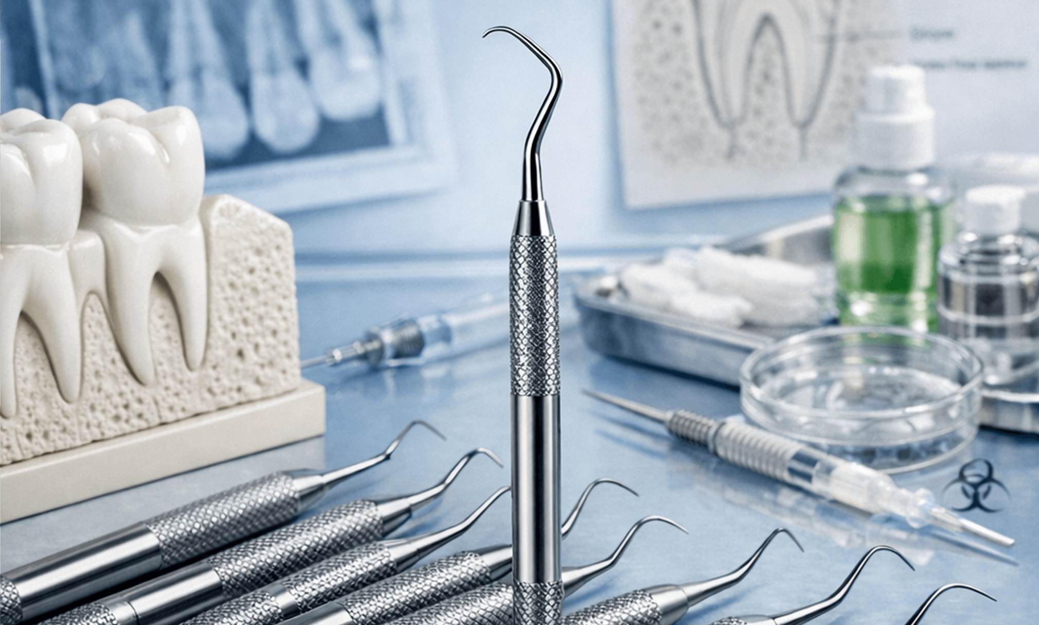 Nahaufnahme Dental-Küretten und Scaler vor klinischem Hintergrund mit Zahnmodell und Röntgenbild