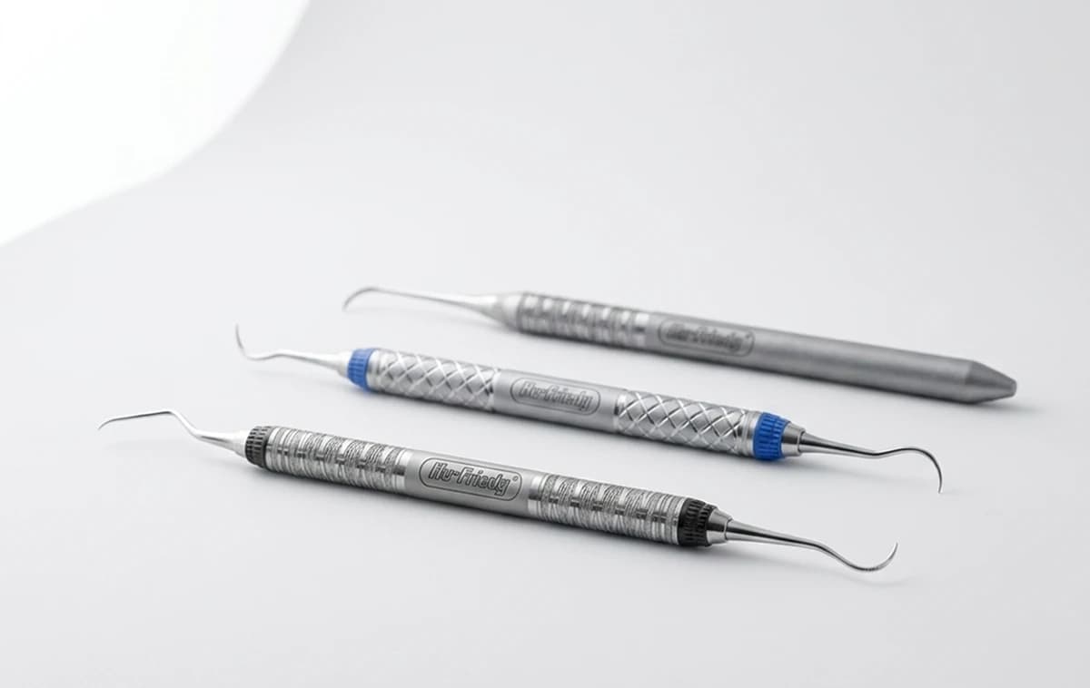 Dental-Scaler mit geriffeltem Griff in Nahaufnahme vor grauem Hintergrund